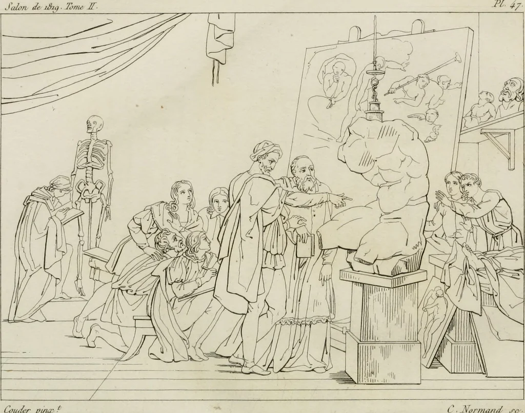 An illustration from Annales du musée et de l'école moderne des beaux-arts : recueil de gravures au trait, d'après les principaux ouvrages de peinture, sculpture, ou projets d'architecture, qui, chaque année, ont remporté le prix, soit aux écoles spéciales, soit aux concours nationaux : les productions des artistes en tous genres, qui, aux différentes expositions, ont été citées avec éloges : les morceaux les plus estimés ou inédits de la galerie de peinture : la suite complète de celle des antiques : édifices anciens et modernes, etc., 1800, leaf 399