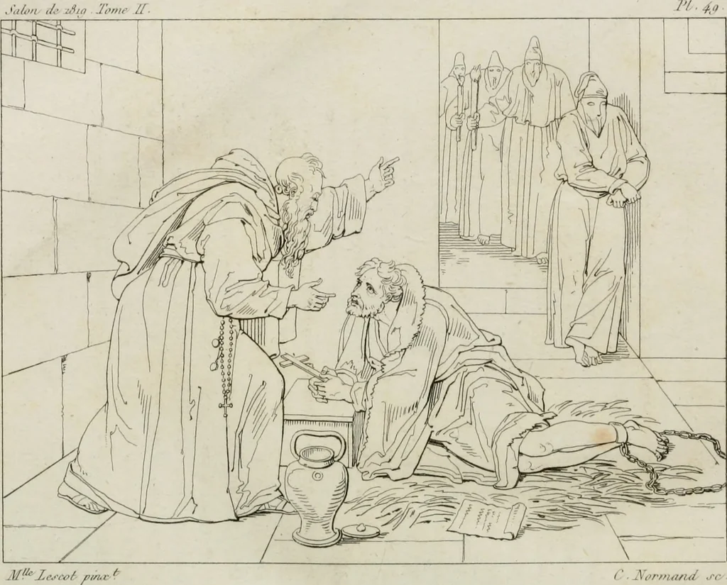 An illustration from Annales du musée et de l'école moderne des beaux-arts : recueil de gravures au trait, d'après les principaux ouvrages de peinture, sculpture, ou projets d'architecture, qui, chaque année, ont remporté le prix, soit aux écoles spéciales, soit aux concours nationaux : les productions des artistes en tous genres, qui, aux différentes expositions, ont été citées avec éloges : les morceaux les plus estimés ou inédits de la galerie de peinture : la suite complète de celle des antiques : édifices anciens et modernes, etc., 1800, leaf 405