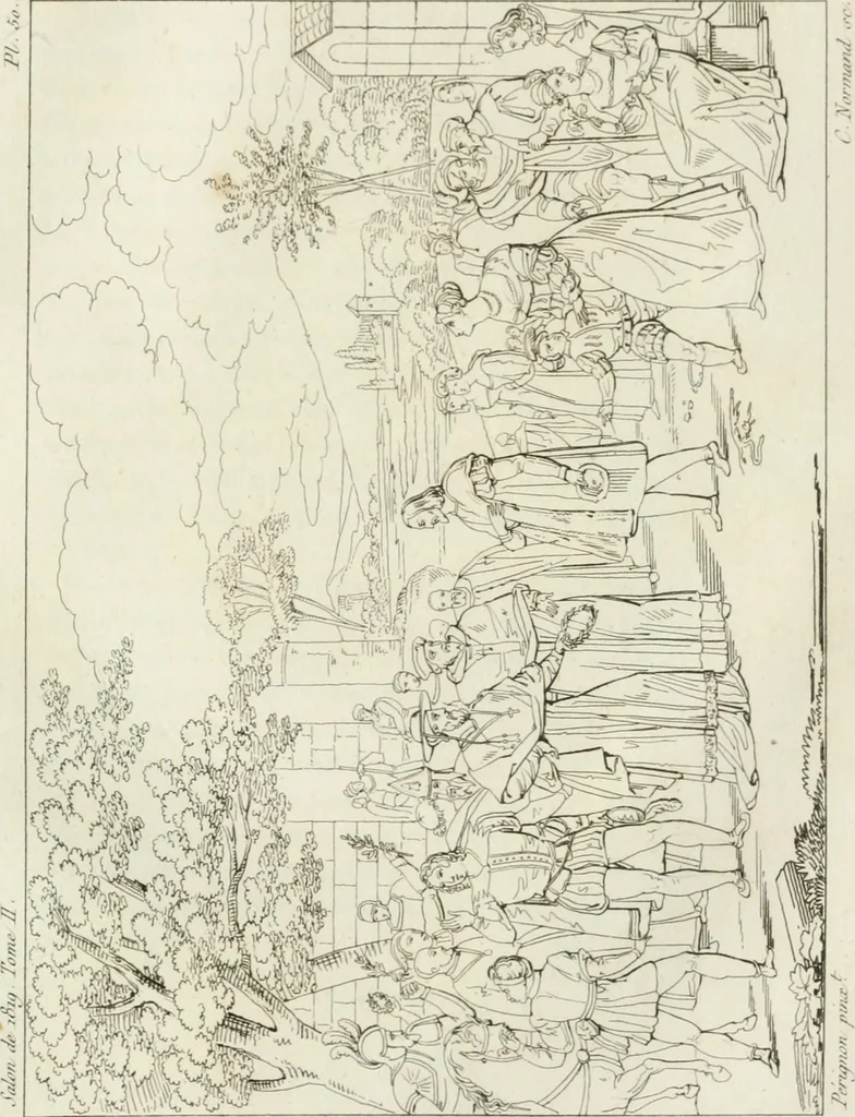 An illustration from Annales du musée et de l'école moderne des beaux-arts : recueil de gravures au trait, d'après les principaux ouvrages de peinture, sculpture, ou projets d'architecture, qui, chaque année, ont remporté le prix, soit aux écoles spéciales, soit aux concours nationaux : les productions des artistes en tous genres, qui, aux différentes expositions, ont été citées avec éloges : les morceaux les plus estimés ou inédits de la galerie de peinture : la suite complète de celle des antiques : édifices anciens et modernes, etc., 1800, leaf 408