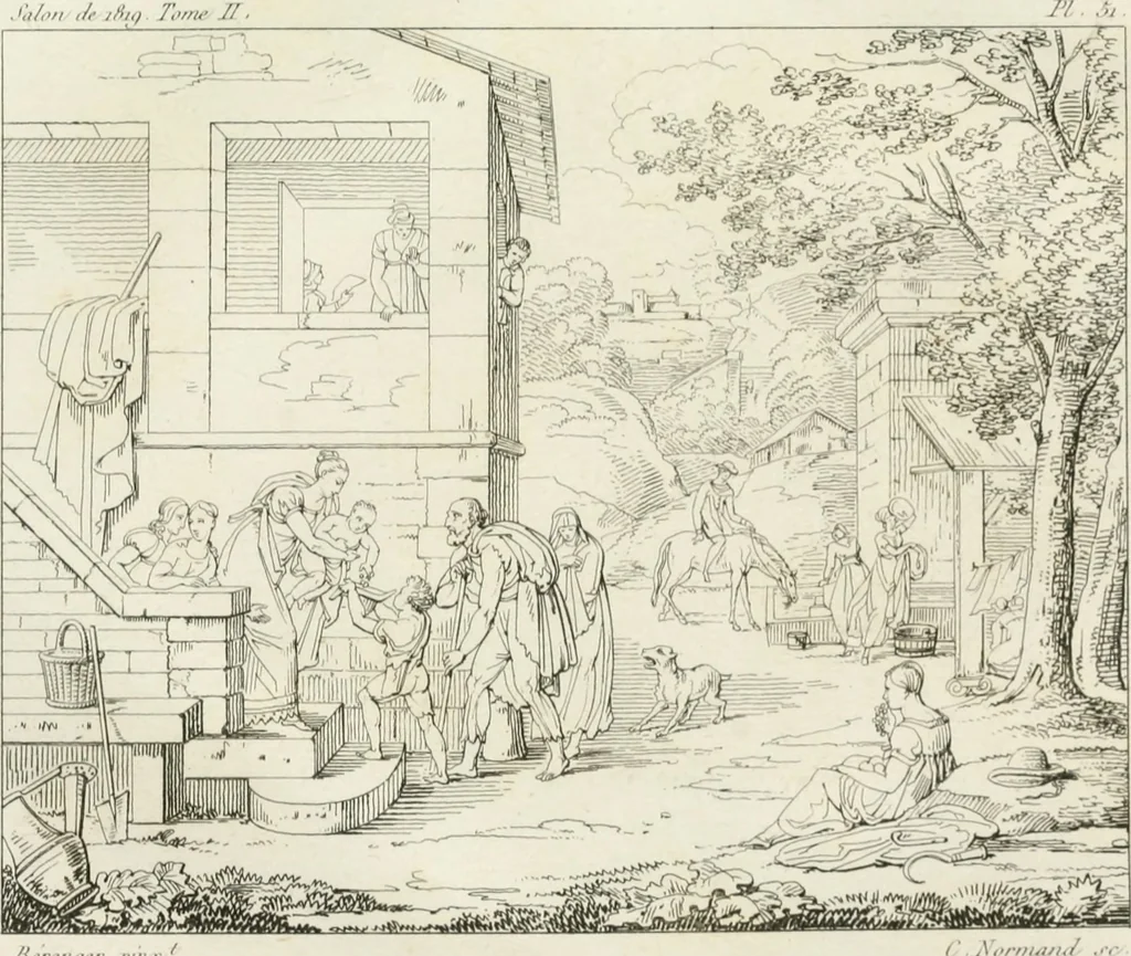 An illustration from Annales du musée et de l'école moderne des beaux-arts : recueil de gravures au trait, d'après les principaux ouvrages de peinture, sculpture, ou projets d'architecture, qui, chaque année, ont remporté le prix, soit aux écoles spéciales, soit aux concours nationaux : les productions des artistes en tous genres, qui, aux différentes expositions, ont été citées avec éloges : les morceaux les plus estimés ou inédits de la galerie de peinture : la suite complète de celle des antiques : édifices anciens et modernes, etc., 1800, leaf 412