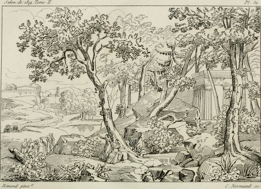 An illustration from Annales du musée et de l'école moderne des beaux-arts : recueil de gravures au trait, d'après les principaux ouvrages de peinture, sculpture, ou projets d'architecture, qui, chaque année, ont remporté le prix, soit aux écoles spéciales, soit aux concours nationaux : les productions des artistes en tous genres, qui, aux différentes expositions, ont été citées avec éloges : les morceaux les plus estimés ou inédits de la galerie de peinture : la suite complète de celle des antiques : édifices anciens et modernes, etc., 1800, leaf 415