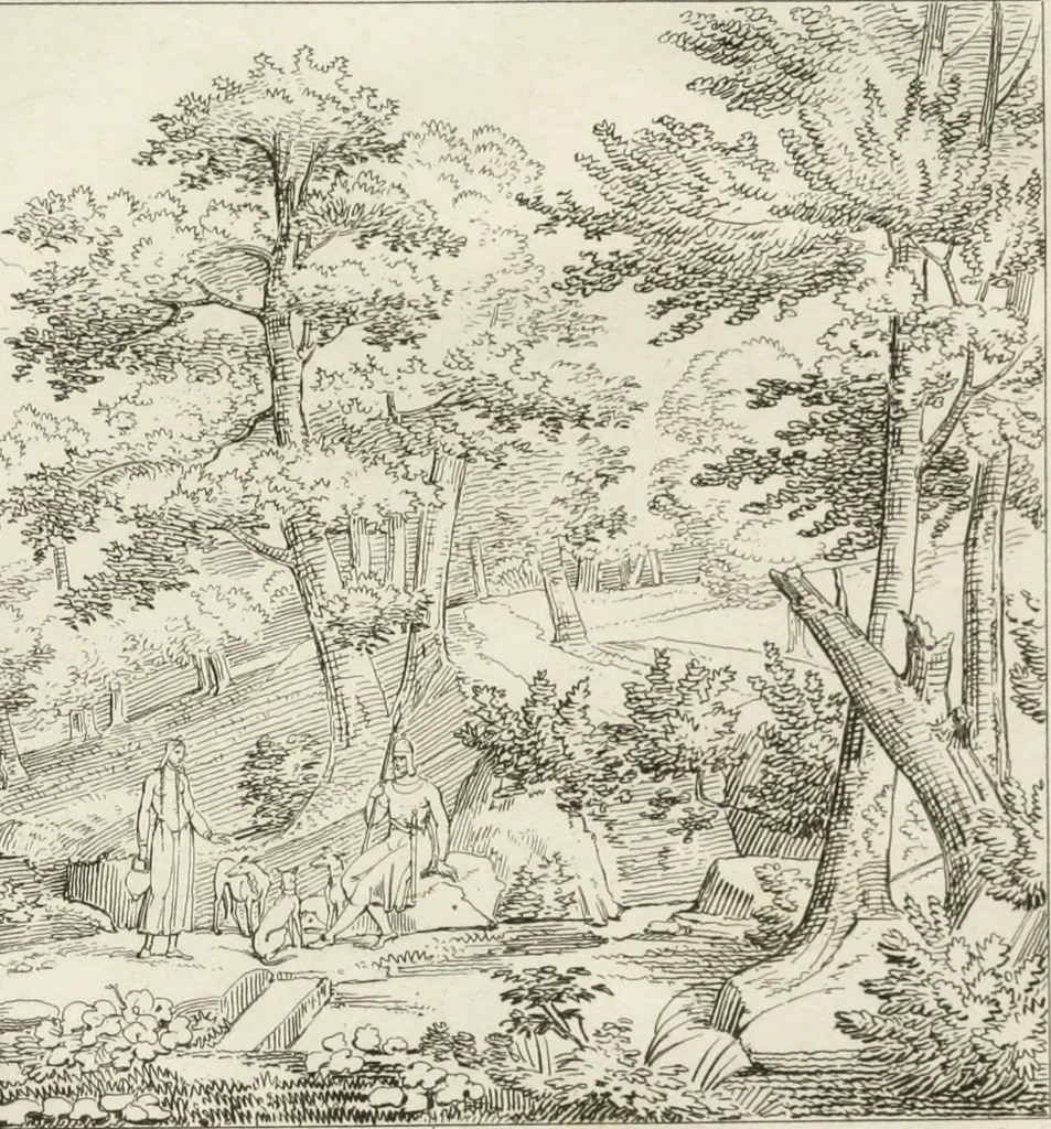 An illustration from Annales du musée et de l'école moderne des beaux-arts : recueil de gravures au trait, d'après les principaux ouvrages de peinture, sculpture, ou projets d'architecture, qui, chaque année, ont remporté le prix, soit aux écoles spéciales, soit aux concours nationaux : les productions des artistes en tous genres, qui, aux différentes expositions, ont été citées avec éloges : les morceaux les plus estimés ou inédits de la galerie de peinture : la suite complète de celle des antiques : édifices anciens et modernes, etc., 1800, leaf 424