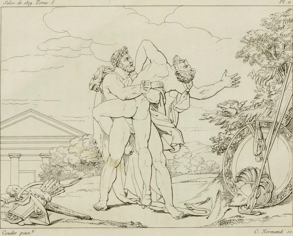 An illustration from Annales du musée et de l'école moderne des beaux-arts : recueil de gravures au trait, d'après les principaux ouvrages de peinture, sculpture, ou projets d'architecture, qui, chaque année, ont remporté le prix, soit aux écoles spéciales, soit aux concours nationaux : les productions des artistes en tous genres, qui, aux différentes expositions, ont été citées avec éloges : les morceaux les plus estimés ou inédits de la galerie de peinture : la suite complète de celle des antiques : édifices anciens et modernes, etc., 1800, leaf 43