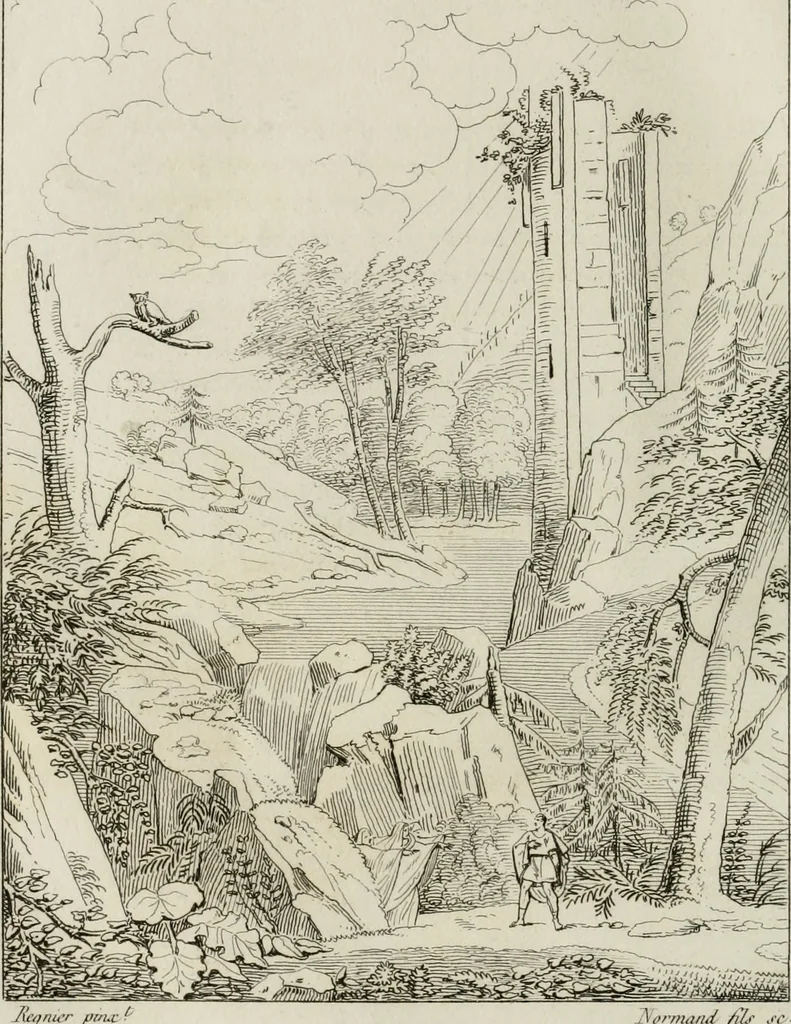 An illustration from Annales du musée et de l'école moderne des beaux-arts : recueil de gravures au trait, d'après les principaux ouvrages de peinture, sculpture, ou projets d'architecture, qui, chaque année, ont remporté le prix, soit aux écoles spéciales, soit aux concours nationaux : les productions des artistes en tous genres, qui, aux différentes expositions, ont été citées avec éloges : les morceaux les plus estimés ou inédits de la galerie de peinture : la suite complète de celle des antiques : édifices anciens et modernes, etc., 1800, leaf 433