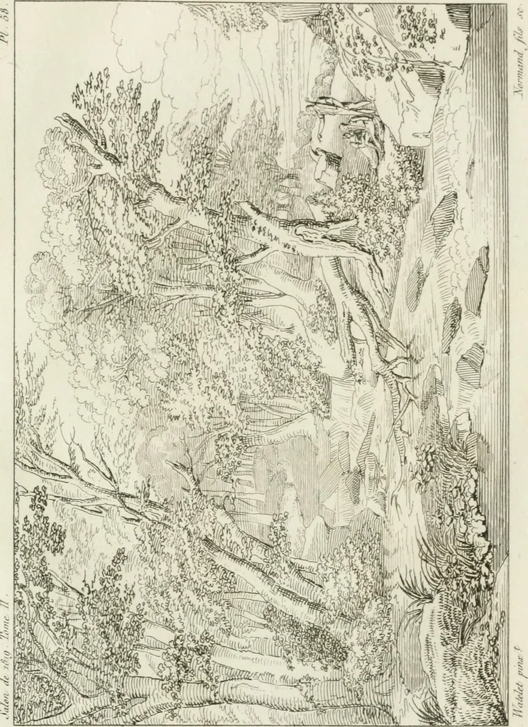 An illustration from Annales du musée et de l'école moderne des beaux-arts : recueil de gravures au trait, d'après les principaux ouvrages de peinture, sculpture, ou projets d'architecture, qui, chaque année, ont remporté le prix, soit aux écoles spéciales, soit aux concours nationaux : les productions des artistes en tous genres, qui, aux différentes expositions, ont été citées avec éloges : les morceaux les plus estimés ou inédits de la galerie de peinture : la suite complète de celle des antiques : édifices anciens et modernes, etc., 1800, leaf 436