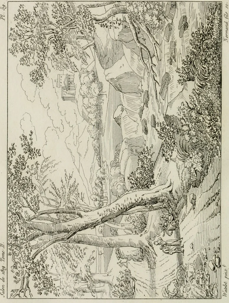 An illustration from Annales du musée et de l'école moderne des beaux-arts : recueil de gravures au trait, d'après les principaux ouvrages de peinture, sculpture, ou projets d'architecture, qui, chaque année, ont remporté le prix, soit aux écoles spéciales, soit aux concours nationaux : les productions des artistes en tous genres, qui, aux différentes expositions, ont été citées avec éloges : les morceaux les plus estimés ou inédits de la galerie de peinture : la suite complète de celle des antiques : édifices anciens et modernes, etc., 1800, leaf 439