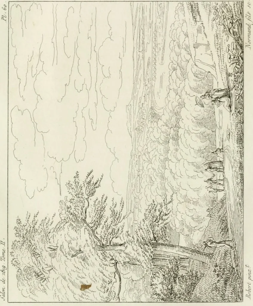 An illustration from Annales du musée et de l'école moderne des beaux-arts : recueil de gravures au trait, d'après les principaux ouvrages de peinture, sculpture, ou projets d'architecture, qui, chaque année, ont remporté le prix, soit aux écoles spéciales, soit aux concours nationaux : les productions des artistes en tous genres, qui, aux différentes expositions, ont été citées avec éloges : les morceaux les plus estimés ou inédits de la galerie de peinture : la suite complète de celle des antiques : édifices anciens et modernes, etc., 1800, leaf 442