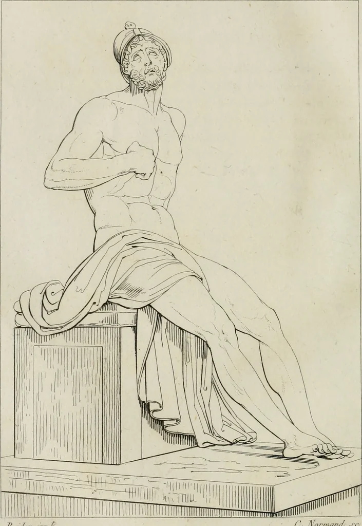 An illustration from Annales du musée et de l'école moderne des beaux-arts : recueil de gravures au trait, d'après les principaux ouvrages de peinture, sculpture, ou projets d'architecture, qui, chaque année, ont remporté le prix, soit aux écoles spéciales, soit aux concours nationaux : les productions des artistes en tous genres, qui, aux différentes expositions, ont été citées avec éloges : les morceaux les plus estimés ou inédits de la galerie de peinture : la suite complète de celle des antiques : édifices anciens et modernes, etc., 1800, leaf 445
