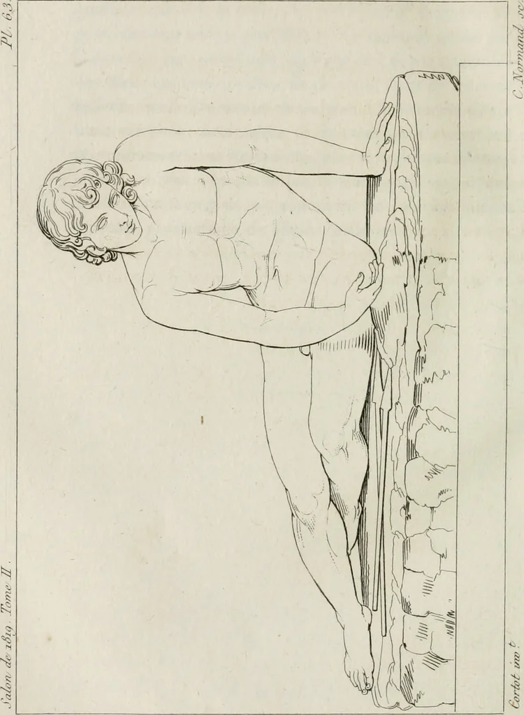 An illustration from Annales du musée et de l'école moderne des beaux-arts : recueil de gravures au trait, d'après les principaux ouvrages de peinture, sculpture, ou projets d'architecture, qui, chaque année, ont remporté le prix, soit aux écoles spéciales, soit aux concours nationaux : les productions des artistes en tous genres, qui, aux différentes expositions, ont été citées avec éloges : les morceaux les plus estimés ou inédits de la galerie de peinture : la suite complète de celle des antiques : édifices anciens et modernes, etc., 1800, leaf 453