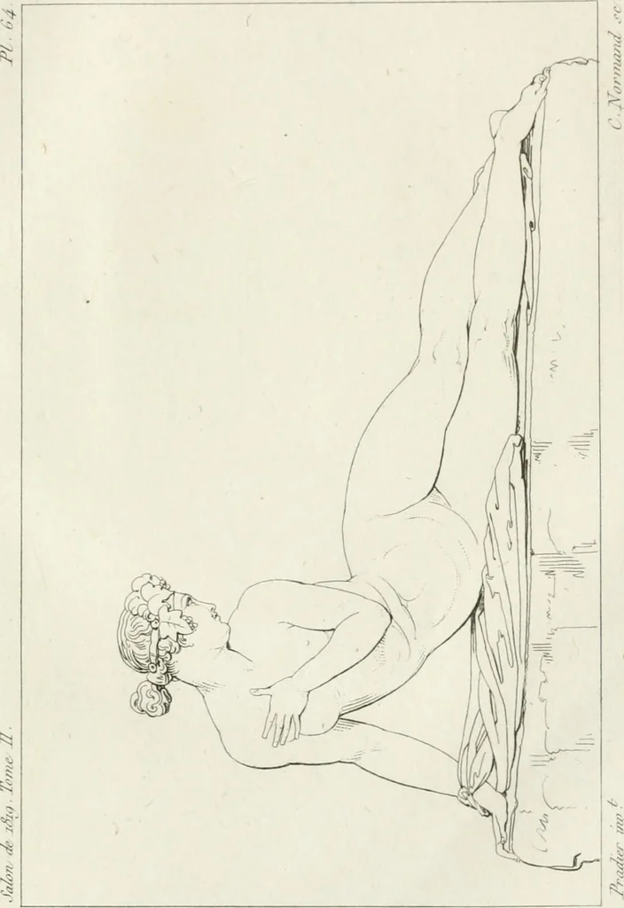 An illustration from Annales du musée et de l'école moderne des beaux-arts : recueil de gravures au trait, d'après les principaux ouvrages de peinture, sculpture, ou projets d'architecture, qui, chaque année, ont remporté le prix, soit aux écoles spéciales, soit aux concours nationaux : les productions des artistes en tous genres, qui, aux différentes expositions, ont été citées avec éloges : les morceaux les plus estimés ou inédits de la galerie de peinture : la suite complète de celle des antiques : édifices anciens et modernes, etc., 1800, leaf 456
