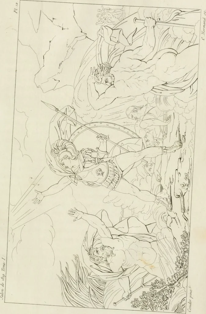 An illustration from Annales du musée et de l'école moderne des beaux-arts : recueil de gravures au trait, d'après les principaux ouvrages de peinture, sculpture, ou projets d'architecture, qui, chaque année, ont remporté le prix, soit aux écoles spéciales, soit aux concours nationaux : les productions des artistes en tous genres, qui, aux différentes expositions, ont été citées avec éloges : les morceaux les plus estimés ou inédits de la galerie de peinture : la suite complète de celle des antiques : édifices anciens et modernes, etc., 1800, leaf 46