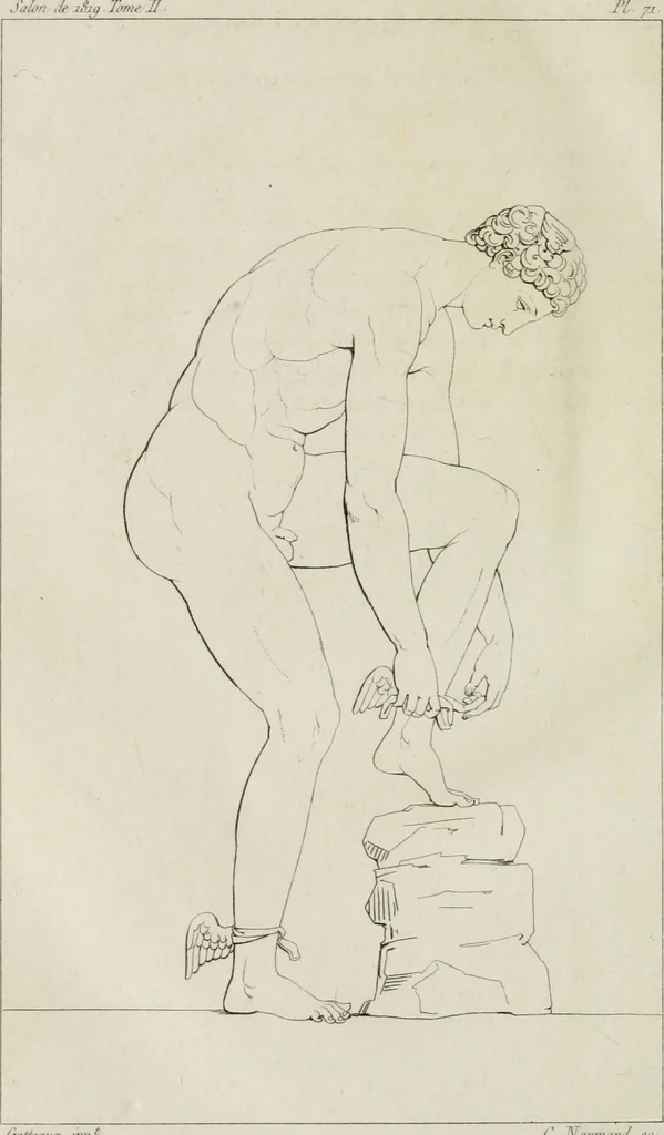 An illustration from Annales du musée et de l'école moderne des beaux-arts : recueil de gravures au trait, d'après les principaux ouvrages de peinture, sculpture, ou projets d'architecture, qui, chaque année, ont remporté le prix, soit aux écoles spéciales, soit aux concours nationaux : les productions des artistes en tous genres, qui, aux différentes expositions, ont été citées avec éloges : les morceaux les plus estimés ou inédits de la galerie de peinture : la suite complète de celle des antiques : édifices anciens et modernes, etc., 1800, leaf 479