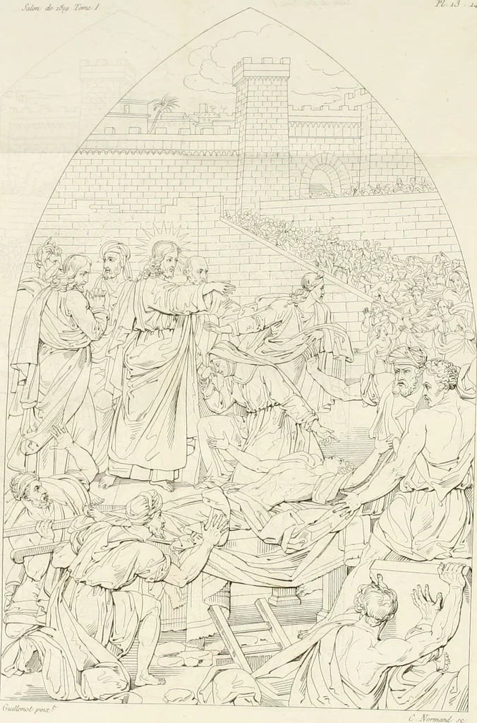 An illustration from Annales du musée et de l'école moderne des beaux-arts : recueil de gravures au trait, d'après les principaux ouvrages de peinture, sculpture, ou projets d'architecture, qui, chaque année, ont remporté le prix, soit aux écoles spéciales, soit aux concours nationaux : les productions des artistes en tous genres, qui, aux différentes expositions, ont été citées avec éloges : les morceaux les plus estimés ou inédits de la galerie de peinture : la suite complète de celle des antiques : édifices anciens et modernes, etc., 1800, leaf 48