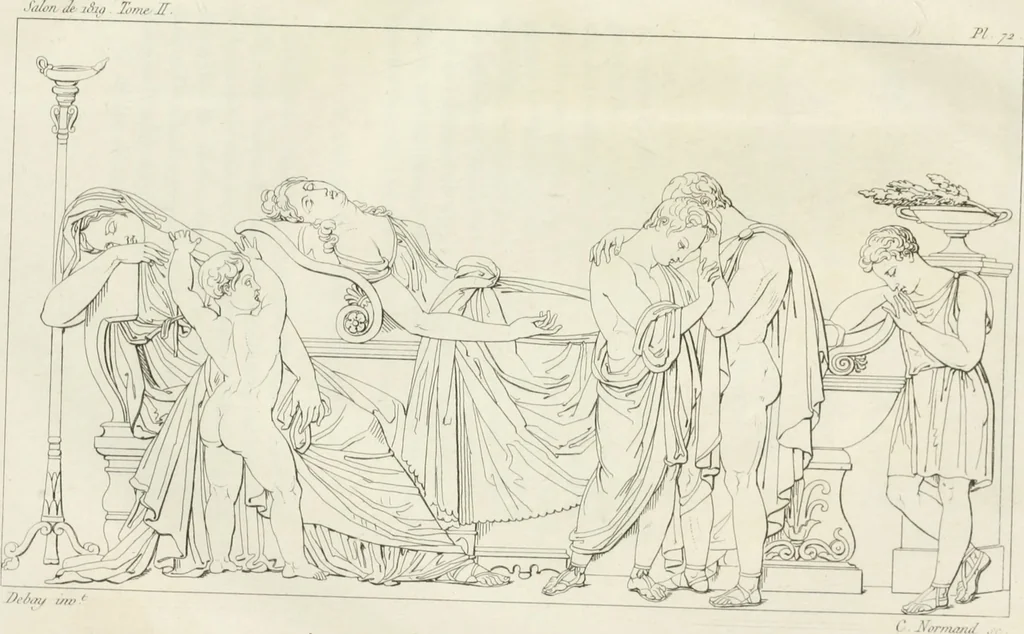 An illustration from Annales du musée et de l'école moderne des beaux-arts : recueil de gravures au trait, d'après les principaux ouvrages de peinture, sculpture, ou projets d'architecture, qui, chaque année, ont remporté le prix, soit aux écoles spéciales, soit aux concours nationaux : les productions des artistes en tous genres, qui, aux différentes expositions, ont été citées avec éloges : les morceaux les plus estimés ou inédits de la galerie de peinture : la suite complète de celle des antiques : édifices anciens et modernes, etc., 1800, leaf 482