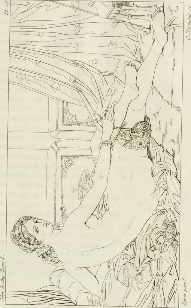 An illustration from Annales du musée et de l'école moderne des beaux-arts : recueil de gravures au trait, d'après les principaux ouvrages de peinture, sculpture, ou projets d'architecture, qui, chaque année, ont remporté le prix, soit aux écoles spéciales, soit aux concours nationaux : les productions des artistes en tous genres, qui, aux différentes expositions, ont été citées avec éloges : les morceaux les plus estimés ou inédits de la galerie de peinture : la suite complète de celle des antiques : édifices anciens et modernes, etc., 1800, leaf 54