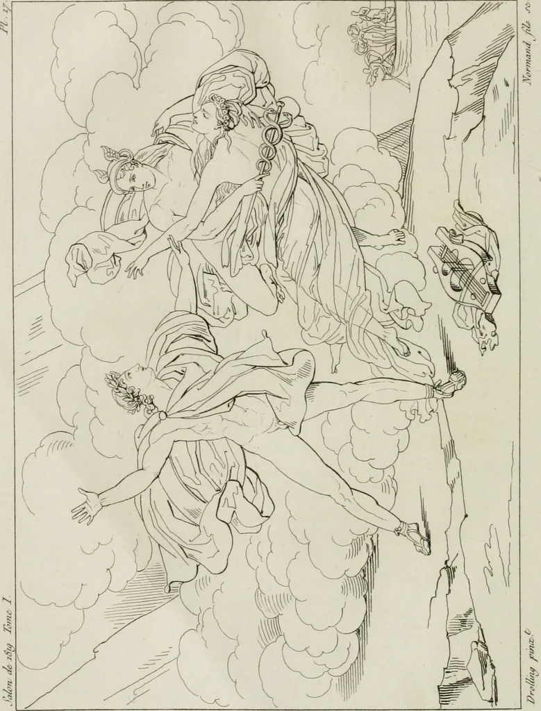 An illustration from Annales du musée et de l'école moderne des beaux-arts : recueil de gravures au trait, d'après les principaux ouvrages de peinture, sculpture, ou projets d'architecture, qui, chaque année, ont remporté le prix, soit aux écoles spéciales, soit aux concours nationaux : les productions des artistes en tous genres, qui, aux différentes expositions, ont été citées avec éloges : les morceaux les plus estimés ou inédits de la galerie de peinture : la suite complète de celle des antiques : édifices anciens et modernes, etc., 1800, leaf 63