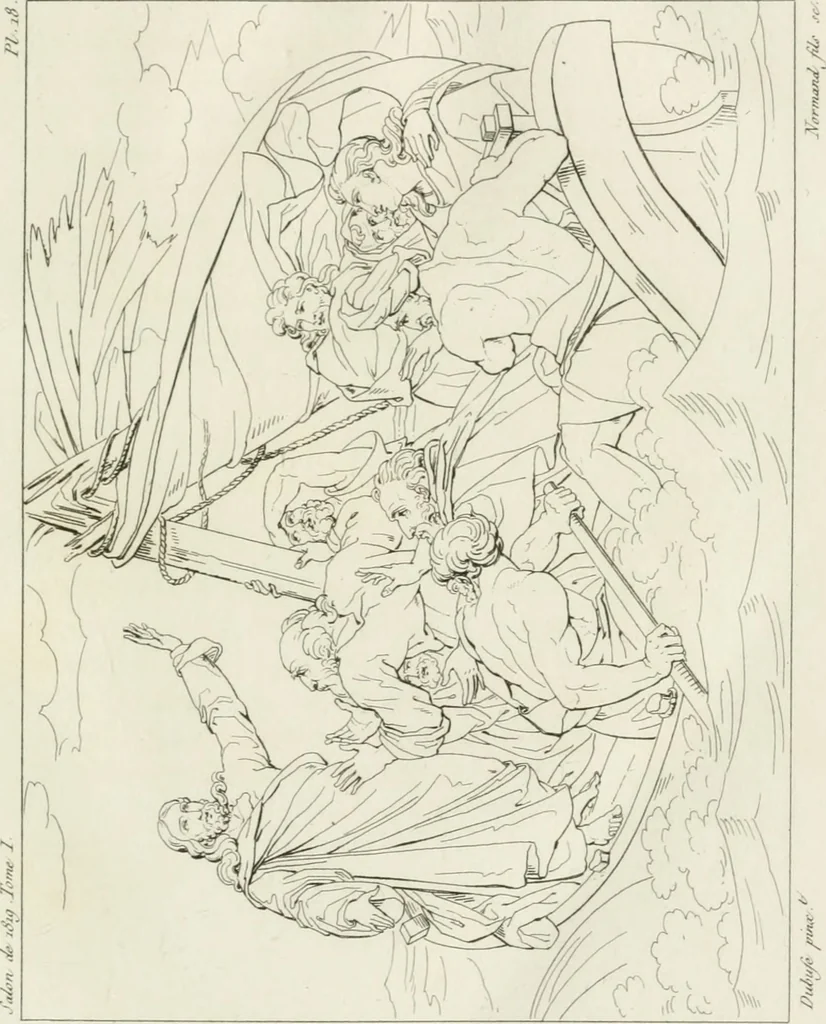 An illustration from Annales du musée et de l'école moderne des beaux-arts : recueil de gravures au trait, d'après les principaux ouvrages de peinture, sculpture, ou projets d'architecture, qui, chaque année, ont remporté le prix, soit aux écoles spéciales, soit aux concours nationaux : les productions des artistes en tous genres, qui, aux différentes expositions, ont été citées avec éloges : les morceaux les plus estimés ou inédits de la galerie de peinture : la suite complète de celle des antiques : édifices anciens et modernes, etc., 1800, leaf 66