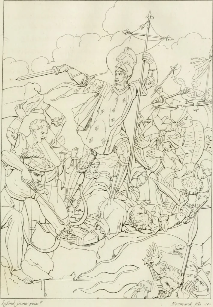 An illustration from Annales du musée et de l'école moderne des beaux-arts : recueil de gravures au trait, d'après les principaux ouvrages de peinture, sculpture, ou projets d'architecture, qui, chaque année, ont remporté le prix, soit aux écoles spéciales, soit aux concours nationaux : les productions des artistes en tous genres, qui, aux différentes expositions, ont été citées avec éloges : les morceaux les plus estimés ou inédits de la galerie de peinture : la suite complète de celle des antiques : édifices anciens et modernes, etc., 1800, leaf 72