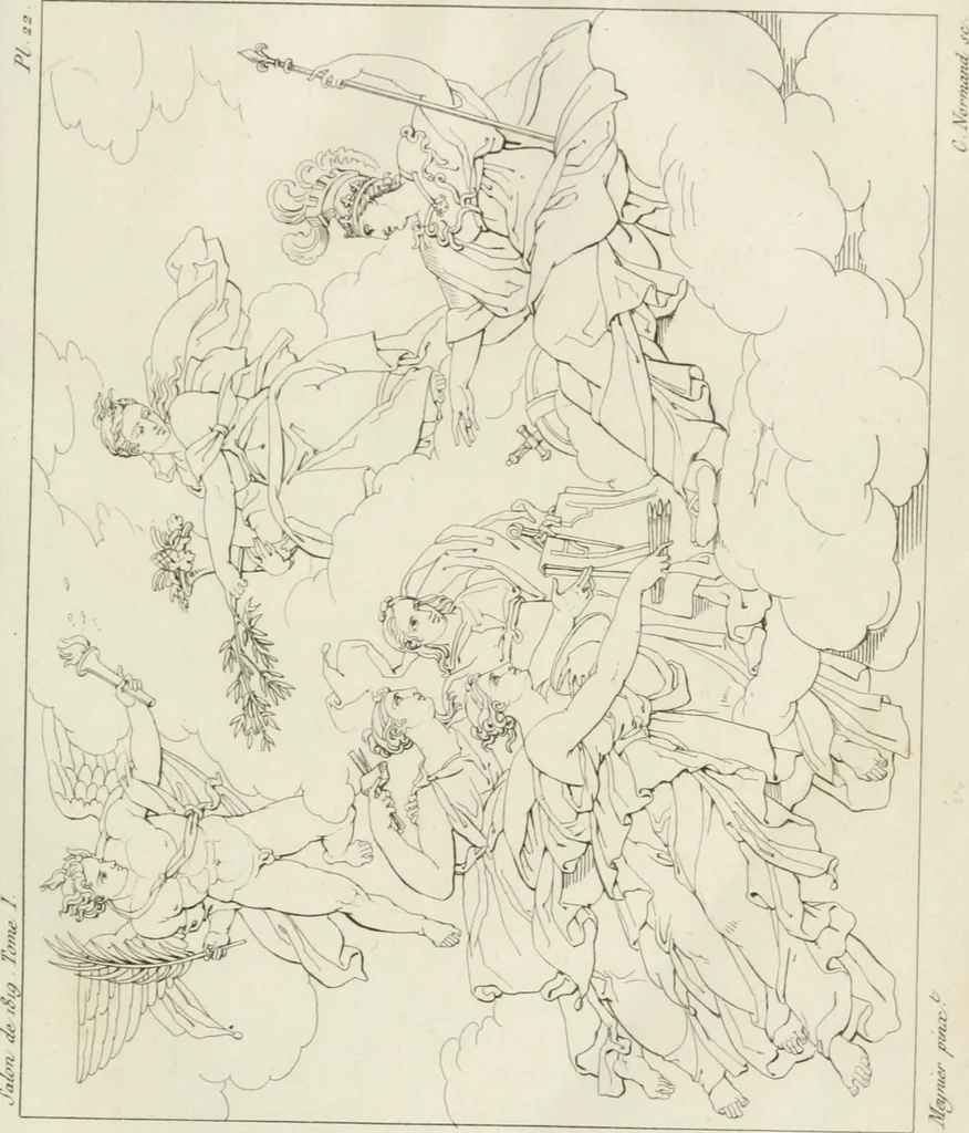 An illustration from Annales du musée et de l'école moderne des beaux-arts : recueil de gravures au trait, d'après les principaux ouvrages de peinture, sculpture, ou projets d'architecture, qui, chaque année, ont remporté le prix, soit aux écoles spéciales, soit aux concours nationaux : les productions des artistes en tous genres, qui, aux différentes expositions, ont été citées avec éloges : les morceaux les plus estimés ou inédits de la galerie de peinture : la suite complète de celle des antiques : édifices anciens et modernes, etc., 1800, leaf 78