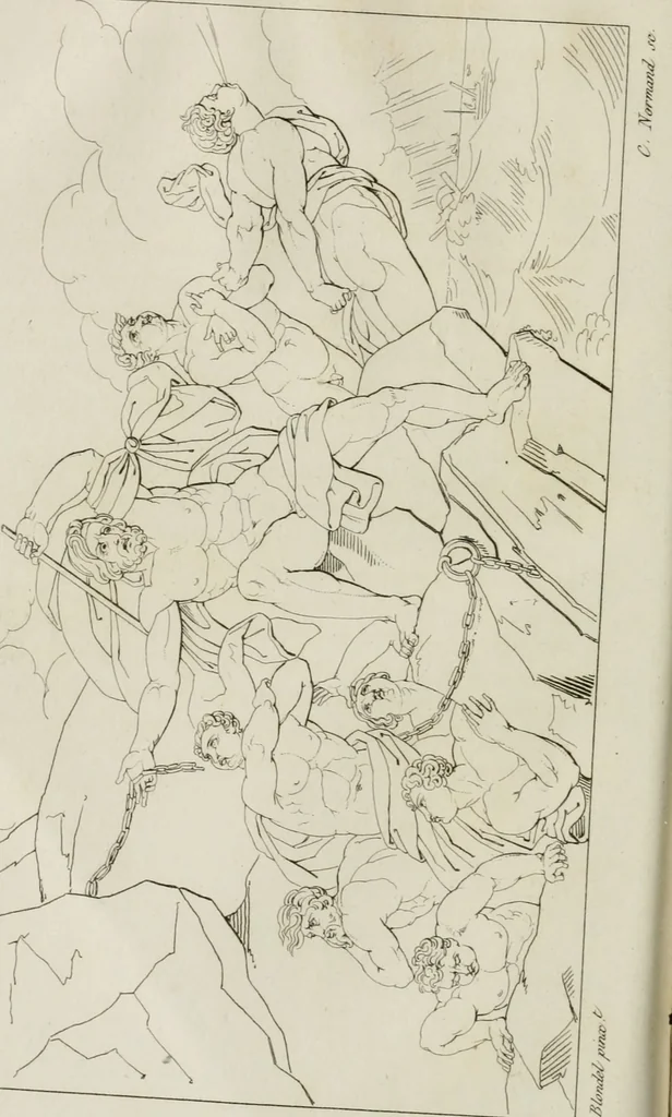 An illustration from Annales du musée et de l'école moderne des beaux-arts : recueil de gravures au trait, d'après les principaux ouvrages de peinture, sculpture, ou projets d'architecture, qui, chaque année, ont remporté le prix, soit aux écoles spéciales, soit aux concours nationaux : les productions des artistes en tous genres, qui, aux différentes expositions, ont été citées avec éloges : les morceaux les plus estimés ou inédits de la galerie de peinture : la suite complète de celle des antiques : édifices anciens et modernes, etc., 1800, leaf 81