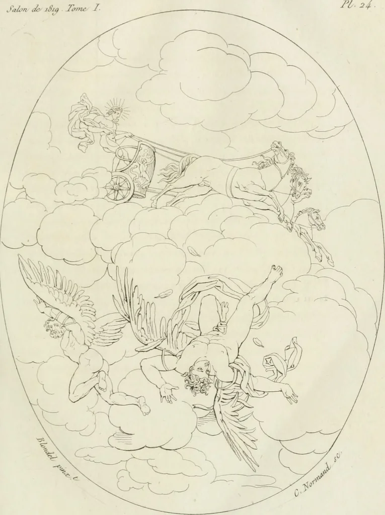 An illustration from Annales du musée et de l'école moderne des beaux-arts : recueil de gravures au trait, d'après les principaux ouvrages de peinture, sculpture, ou projets d'architecture, qui, chaque année, ont remporté le prix, soit aux écoles spéciales, soit aux concours nationaux : les productions des artistes en tous genres, qui, aux différentes expositions, ont été citées avec éloges : les morceaux les plus estimés ou inédits de la galerie de peinture : la suite complète de celle des antiques : édifices anciens et modernes, etc., 1800, leaf 84