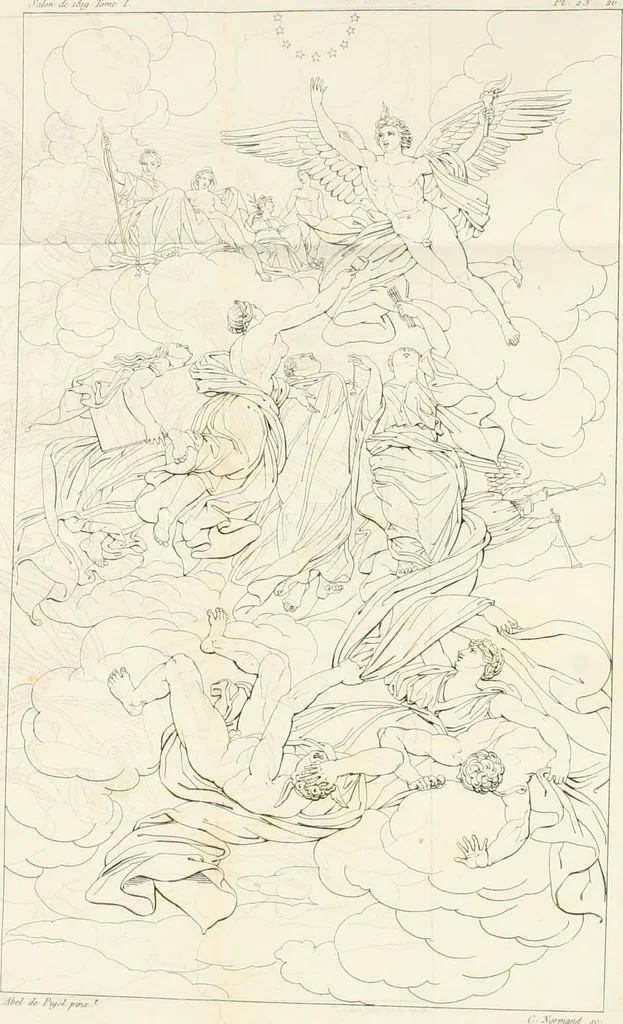 An illustration from Annales du musée et de l'école moderne des beaux-arts : recueil de gravures au trait, d'après les principaux ouvrages de peinture, sculpture, ou projets d'architecture, qui, chaque année, ont remporté le prix, soit aux écoles spéciales, soit aux concours nationaux : les productions des artistes en tous genres, qui, aux différentes expositions, ont été citées avec éloges : les morceaux les plus estimés ou inédits de la galerie de peinture : la suite complète de celle des antiques : édifices anciens et modernes, etc., 1800, leaf 86