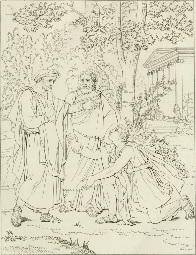 An illustration from Annales du musée et de l'école moderne des beaux-arts : recueil de gravures au trait, d'après les principaux ouvrages de peinture, sculpture, ou projets d'architecture, qui, chaque année, ont remporté le prix, soit aux écoles spéciales, soit aux concours nationaux : les productions des artistes en tous genres, qui, aux différentes expositions, ont été citées avec éloges : les morceaux les plus estimés ou inédits de la galerie de peinture : la suite complète de celle des antiques : édifices anciens et modernes, etc., 1800, leaf 96
