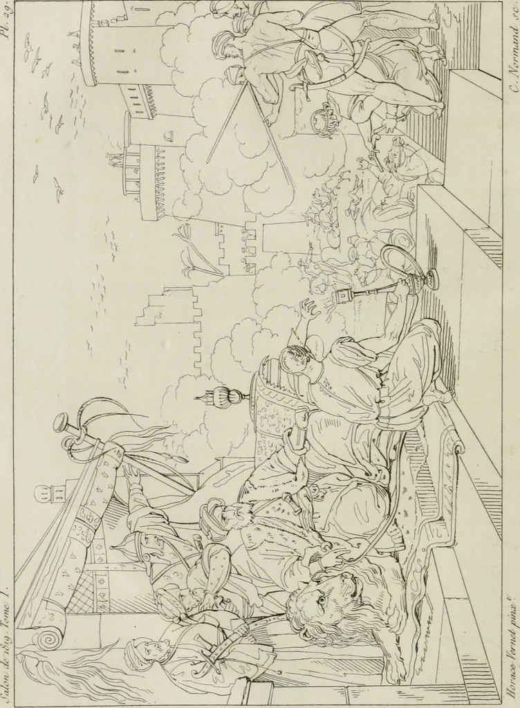 An illustration from Annales du musée et de l'école moderne des beaux-arts : recueil de gravures au trait, d'après les principaux ouvrages de peinture, sculpture, ou projets d'architecture, qui, chaque année, ont remporté le prix, soit aux écoles spéciales, soit aux concours nationaux : les productions des artistes en tous genres, qui, aux différentes expositions, ont été citées avec éloges : les morceaux les plus estimés ou inédits de la galerie de peinture : la suite complète de celle des antiques : édifices anciens et modernes, etc., 1800, leaf 99