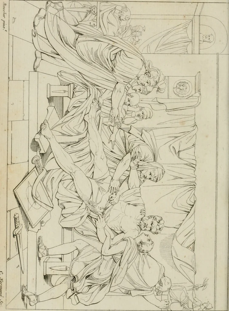 An illustration from Annales du musée et de l'école moderne des beaux-arts : recueil de gravures au trait, d'après les principaux ouvrages de peinture, sculpture, ou projets d'architecture, qui, chaque année, ont remporté le prix, soit aux écoles spéciales, soit aux concours nationaux : les productions des artistes en tous genres, qui, aux différentes expositions, ont été citées avec éloges : les morceaux les plus estimés ou inédits de la galerie de peinture : la suite complète de celle des antiques : édifices anciens et modernes, etc., 1800, leaf 101