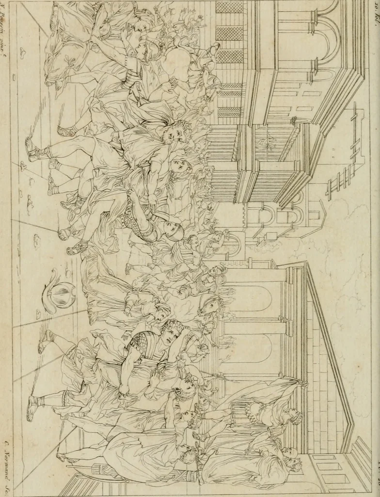 An illustration from Annales du musée et de l'école moderne des beaux-arts : recueil de gravures au trait, d'après les principaux ouvrages de peinture, sculpture, ou projets d'architecture, qui, chaque année, ont remporté le prix, soit aux écoles spéciales, soit aux concours nationaux : les productions des artistes en tous genres, qui, aux différentes expositions, ont été citées avec éloges : les morceaux les plus estimés ou inédits de la galerie de peinture : la suite complète de celle des antiques : édifices anciens et modernes, etc., 1800, leaf 109