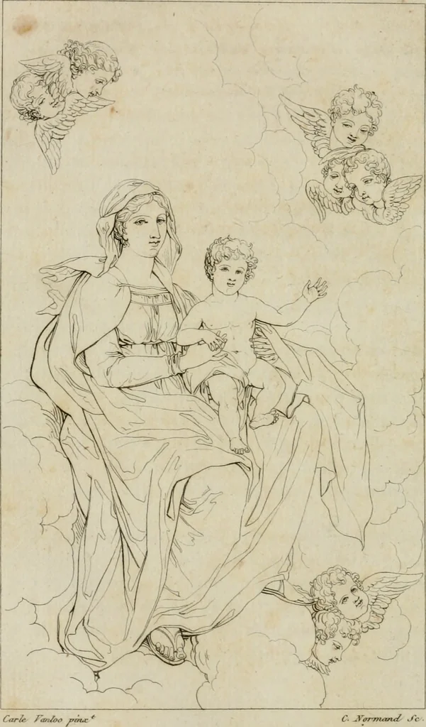 An illustration from Annales du musée et de l'école moderne des beaux-arts : recueil de gravures au trait, d'après les principaux ouvrages de peinture, sculpture, ou projets d'architecture, qui, chaque année, ont remporté le prix, soit aux écoles spéciales, soit aux concours nationaux : les productions des artistes en tous genres, qui, aux différentes expositions, ont été citées avec éloges : les morceaux les plus estimés ou inédits de la galerie de peinture : la suite complète de celle des antiques : édifices anciens et modernes, etc., 1800, leaf 113
