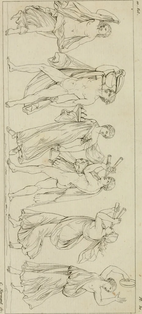 An illustration from Annales du musée et de l'école moderne des beaux-arts : recueil de gravures au trait, d'après les principaux ouvrages de peinture, sculpture, ou projets d'architecture, qui, chaque année, ont remporté le prix, soit aux écoles spéciales, soit aux concours nationaux : les productions des artistes en tous genres, qui, aux différentes expositions, ont été citées avec éloges : les morceaux les plus estimés ou inédits de la galerie de peinture : la suite complète de celle des antiques : édifices anciens et modernes, etc., 1800, leaf 129