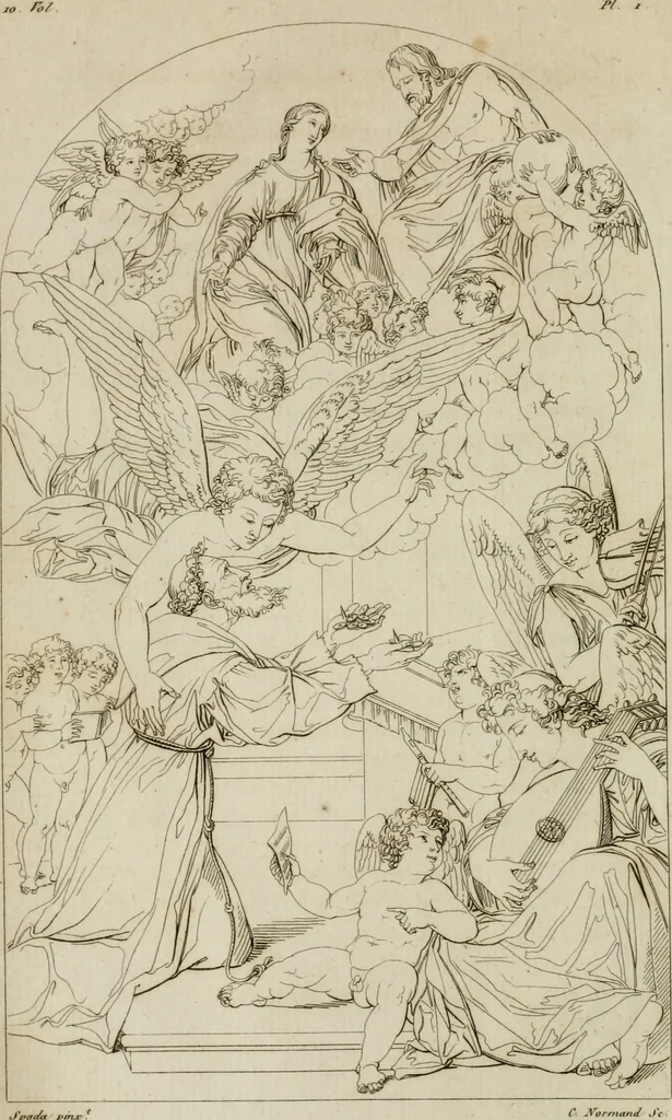 An illustration from Annales du musée et de l'école moderne des beaux-arts : recueil de gravures au trait, d'après les principaux ouvrages de peinture, sculpture, ou projets d'architecture, qui, chaque année, ont remporté le prix, soit aux écoles spéciales, soit aux concours nationaux : les productions des artistes en tous genres, qui, aux différentes expositions, ont été citées avec éloges : les morceaux les plus estimés ou inédits de la galerie de peinture : la suite complète de celle des antiques : édifices anciens et modernes, etc., 1800, leaf 13