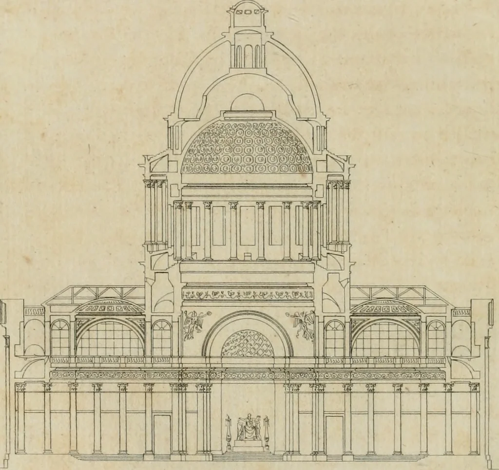 An illustration from Annales du musée et de l'école moderne des beaux-arts : recueil de gravures au trait, d'après les principaux ouvrages de peinture, sculpture, ou projets d'architecture, qui, chaque année, ont remporté le prix, soit aux écoles spéciales, soit aux concours nationaux : les productions des artistes en tous genres, qui, aux différentes expositions, ont été citées avec éloges : les morceaux les plus estimés ou inédits de la galerie de peinture : la suite complète de celle des antiques : édifices anciens et modernes, etc., 1800, leaf 135