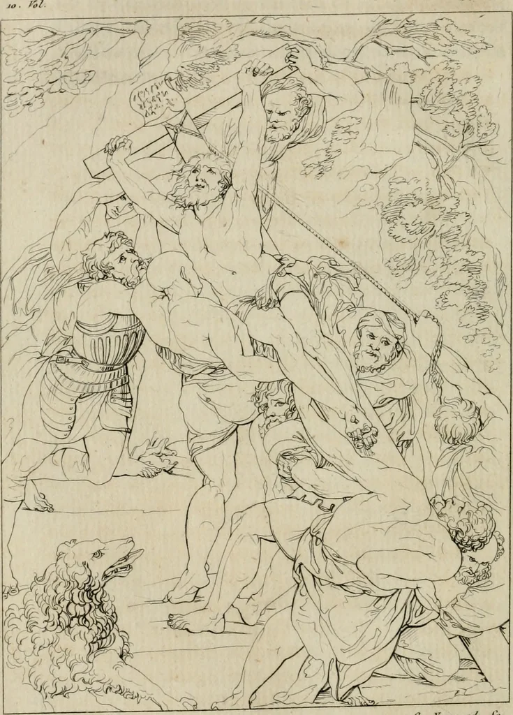 An illustration from Annales du musée et de l'école moderne des beaux-arts : recueil de gravures au trait, d'après les principaux ouvrages de peinture, sculpture, ou projets d'architecture, qui, chaque année, ont remporté le prix, soit aux écoles spéciales, soit aux concours nationaux : les productions des artistes en tous genres, qui, aux différentes expositions, ont été citées avec éloges : les morceaux les plus estimés ou inédits de la galerie de peinture : la suite complète de celle des antiques : édifices anciens et modernes, etc., 1800, leaf 141