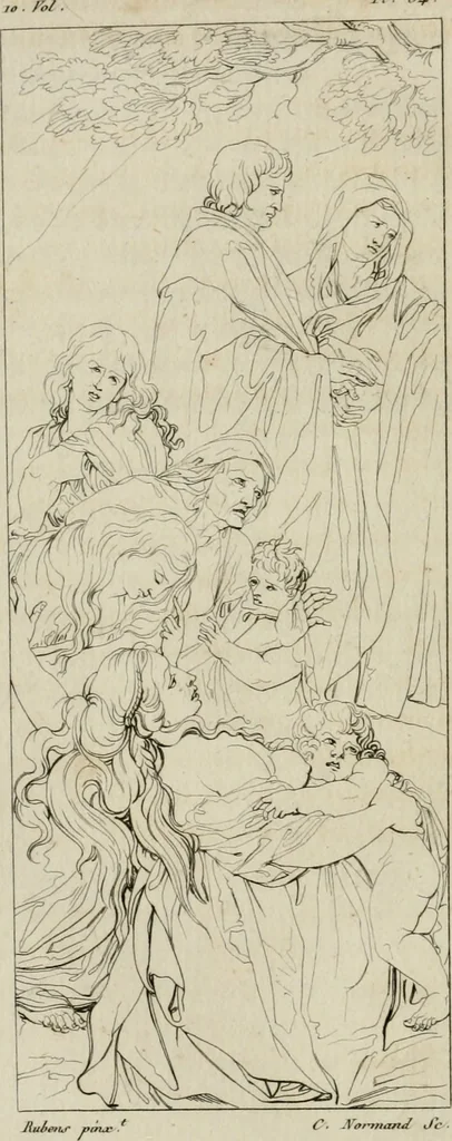 An illustration from Annales du musée et de l'école moderne des beaux-arts : recueil de gravures au trait, d'après les principaux ouvrages de peinture, sculpture, ou projets d'architecture, qui, chaque année, ont remporté le prix, soit aux écoles spéciales, soit aux concours nationaux : les productions des artistes en tous genres, qui, aux différentes expositions, ont été citées avec éloges : les morceaux les plus estimés ou inédits de la galerie de peinture : la suite complète de celle des antiques : édifices anciens et modernes, etc., 1800, leaf 145