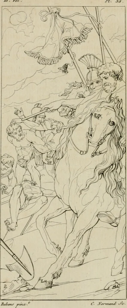An illustration from Annales du musée et de l'école moderne des beaux-arts : recueil de gravures au trait, d'après les principaux ouvrages de peinture, sculpture, ou projets d'architecture, qui, chaque année, ont remporté le prix, soit aux écoles spéciales, soit aux concours nationaux : les productions des artistes en tous genres, qui, aux différentes expositions, ont été citées avec éloges : les morceaux les plus estimés ou inédits de la galerie de peinture : la suite complète de celle des antiques : édifices anciens et modernes, etc., 1800, leaf 149