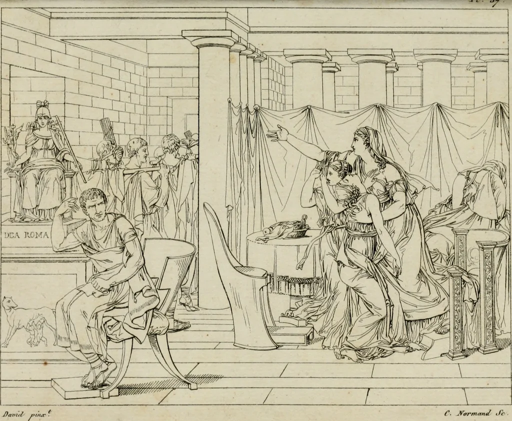 An illustration from Annales du musée et de l'école moderne des beaux-arts : recueil de gravures au trait, d'après les principaux ouvrages de peinture, sculpture, ou projets d'architecture, qui, chaque année, ont remporté le prix, soit aux écoles spéciales, soit aux concours nationaux : les productions des artistes en tous genres, qui, aux différentes expositions, ont été citées avec éloges : les morceaux les plus estimés ou inédits de la galerie de peinture : la suite complète de celle des antiques : édifices anciens et modernes, etc., 1800, leaf 157