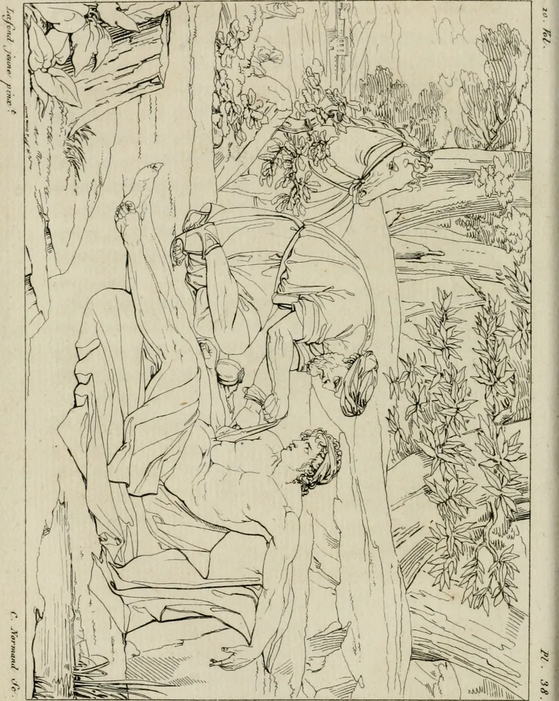 An illustration from Annales du musée et de l'école moderne des beaux-arts : recueil de gravures au trait, d'après les principaux ouvrages de peinture, sculpture, ou projets d'architecture, qui, chaque année, ont remporté le prix, soit aux écoles spéciales, soit aux concours nationaux : les productions des artistes en tous genres, qui, aux différentes expositions, ont été citées avec éloges : les morceaux les plus estimés ou inédits de la galerie de peinture : la suite complète de celle des antiques : édifices anciens et modernes, etc., 1800, leaf 161