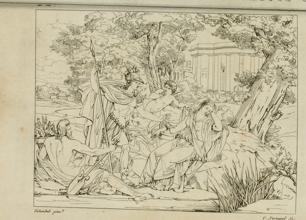 An illustration from Annales du musée et de l'école moderne des beaux-arts : recueil de gravures au trait, d'après les principaux ouvrages de peinture, sculpture, ou projets d'architecture, qui, chaque année, ont remporté le prix, soit aux écoles spéciales, soit aux concours nationaux : les productions des artistes en tous genres, qui, aux différentes expositions, ont été citées avec éloges : les morceaux les plus estimés ou inédits de la galerie de peinture : la suite complète de celle des antiques : édifices anciens et modernes, etc., 1800, leaf 171