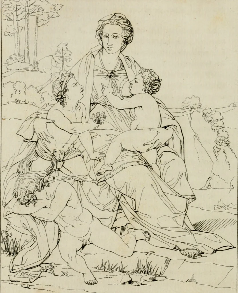 An illustration from Annales du musée et de l'école moderne des beaux-arts : recueil de gravures au trait, d'après les principaux ouvrages de peinture, sculpture, ou projets d'architecture, qui, chaque année, ont remporté le prix, soit aux écoles spéciales, soit aux concours nationaux : les productions des artistes en tous genres, qui, aux différentes expositions, ont été citées avec éloges : les morceaux les plus estimés ou inédits de la galerie de peinture : la suite complète de celle des antiques : édifices anciens et modernes, etc., 1800, leaf 175