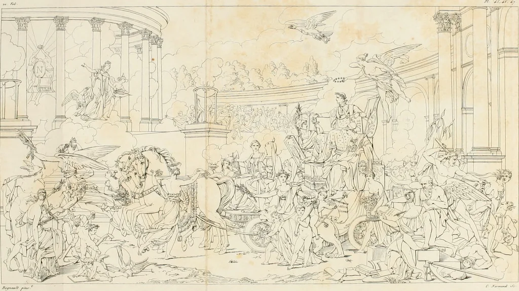An illustration from Annales du musée et de l'école moderne des beaux-arts : recueil de gravures au trait, d'après les principaux ouvrages de peinture, sculpture, ou projets d'architecture, qui, chaque année, ont remporté le prix, soit aux écoles spéciales, soit aux concours nationaux : les productions des artistes en tous genres, qui, aux différentes expositions, ont été citées avec éloges : les morceaux les plus estimés ou inédits de la galerie de peinture : la suite complète de celle des antiques : édifices anciens et modernes, etc., 1800, leaf 186