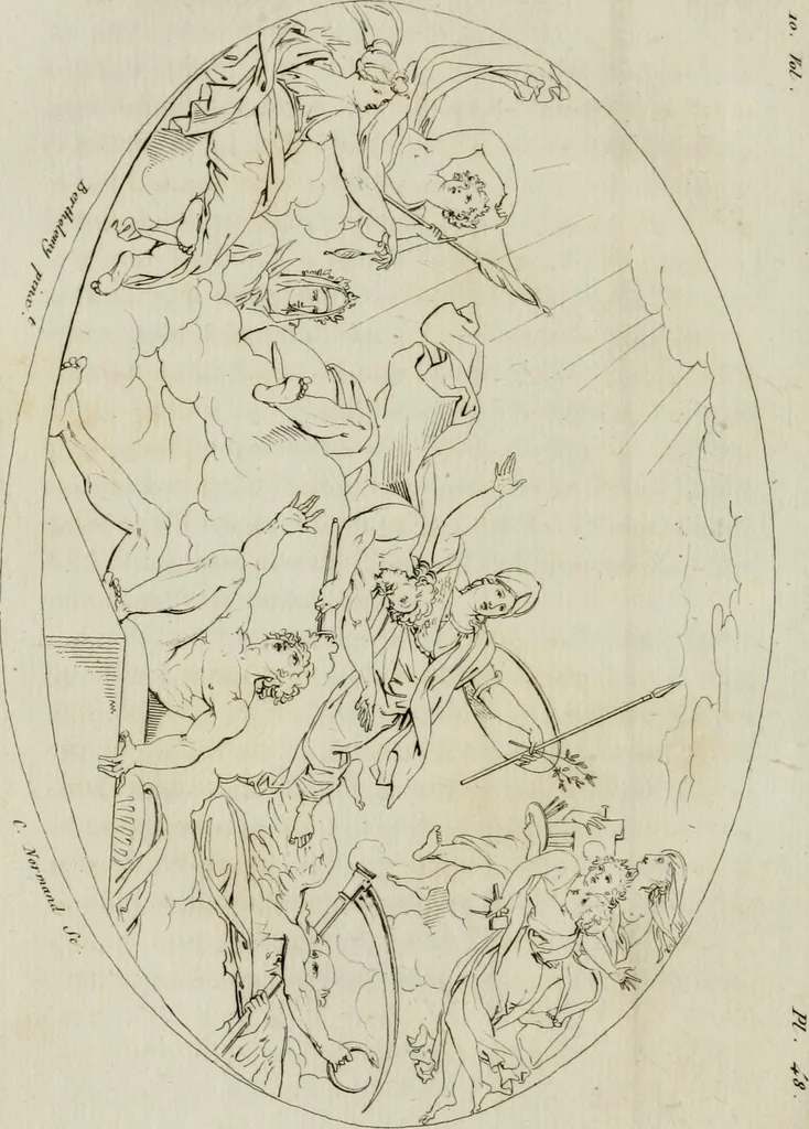 An illustration from Annales du musée et de l'école moderne des beaux-arts : recueil de gravures au trait, d'après les principaux ouvrages de peinture, sculpture, ou projets d'architecture, qui, chaque année, ont remporté le prix, soit aux écoles spéciales, soit aux concours nationaux : les productions des artistes en tous genres, qui, aux différentes expositions, ont été citées avec éloges : les morceaux les plus estimés ou inédits de la galerie de peinture : la suite complète de celle des antiques : édifices anciens et modernes, etc., 1800, leaf 193