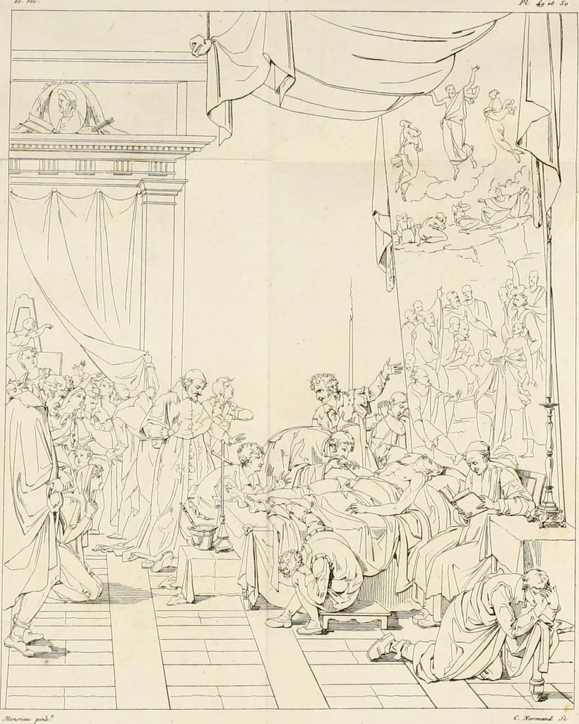 An illustration from Annales du musée et de l'école moderne des beaux-arts : recueil de gravures au trait, d'après les principaux ouvrages de peinture, sculpture, ou projets d'architecture, qui, chaque année, ont remporté le prix, soit aux écoles spéciales, soit aux concours nationaux : les productions des artistes en tous genres, qui, aux différentes expositions, ont été citées avec éloges : les morceaux les plus estimés ou inédits de la galerie de peinture : la suite complète de celle des antiques : édifices anciens et modernes, etc., 1800, leaf 196