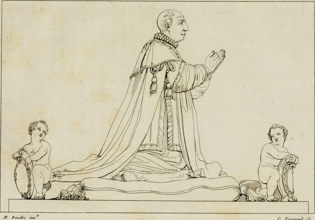 An illustration from Annales du musée et de l'école moderne des beaux-arts : recueil de gravures au trait, d'après les principaux ouvrages de peinture, sculpture, ou projets d'architecture, qui, chaque année, ont remporté le prix, soit aux écoles spéciales, soit aux concours nationaux : les productions des artistes en tous genres, qui, aux différentes expositions, ont été citées avec éloges : les morceaux les plus estimés ou inédits de la galerie de peinture : la suite complète de celle des antiques : édifices anciens et modernes, etc., 1800, leaf 207