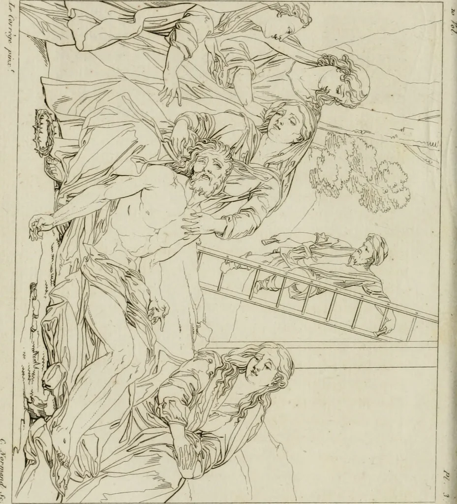 An illustration from Annales du musée et de l'école moderne des beaux-arts : recueil de gravures au trait, d'après les principaux ouvrages de peinture, sculpture, ou projets d'architecture, qui, chaque année, ont remporté le prix, soit aux écoles spéciales, soit aux concours nationaux : les productions des artistes en tous genres, qui, aux différentes expositions, ont été citées avec éloges : les morceaux les plus estimés ou inédits de la galerie de peinture : la suite complète de celle des antiques : édifices anciens et modernes, etc., 1800, leaf 21