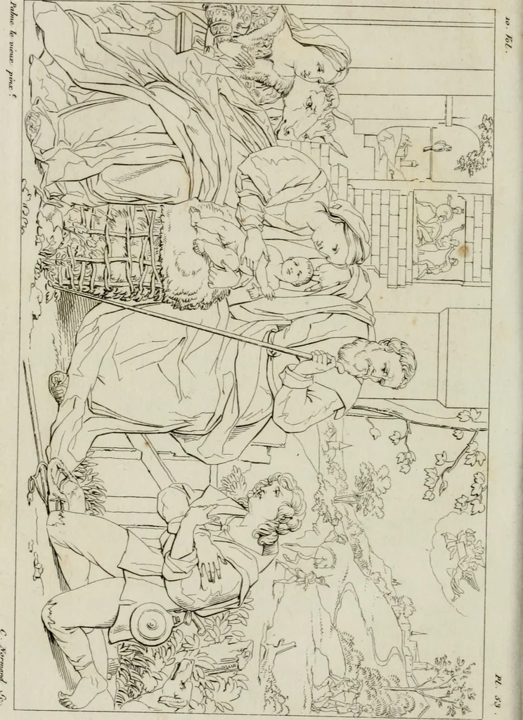 An illustration from Annales du musée et de l'école moderne des beaux-arts : recueil de gravures au trait, d'après les principaux ouvrages de peinture, sculpture, ou projets d'architecture, qui, chaque année, ont remporté le prix, soit aux écoles spéciales, soit aux concours nationaux : les productions des artistes en tous genres, qui, aux différentes expositions, ont été citées avec éloges : les morceaux les plus estimés ou inédits de la galerie de peinture : la suite complète de celle des antiques : édifices anciens et modernes, etc., 1800, leaf 211