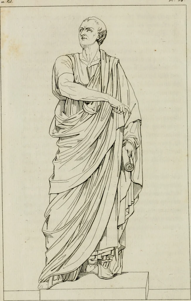 An illustration from Annales du musée et de l'école moderne des beaux-arts : recueil de gravures au trait, d'après les principaux ouvrages de peinture, sculpture, ou projets d'architecture, qui, chaque année, ont remporté le prix, soit aux écoles spéciales, soit aux concours nationaux : les productions des artistes en tous genres, qui, aux différentes expositions, ont été citées avec éloges : les morceaux les plus estimés ou inédits de la galerie de peinture : la suite complète de celle des antiques : édifices anciens et modernes, etc., 1800, leaf 215