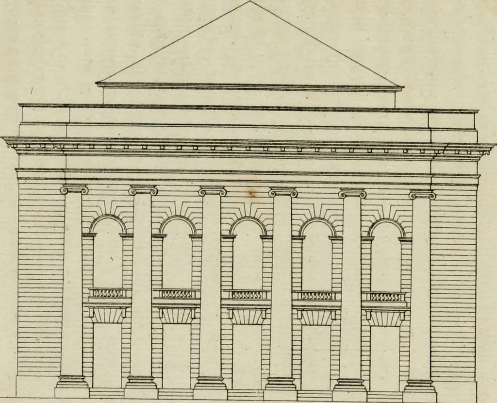 An illustration from Annales du musée et de l'école moderne des beaux-arts : recueil de gravures au trait, d'après les principaux ouvrages de peinture, sculpture, ou projets d'architecture, qui, chaque année, ont remporté le prix, soit aux écoles spéciales, soit aux concours nationaux : les productions des artistes en tous genres, qui, aux différentes expositions, ont été citées avec éloges : les morceaux les plus estimés ou inédits de la galerie de peinture : la suite complète de celle des antiques : édifices anciens et modernes, etc., 1800, leaf 219