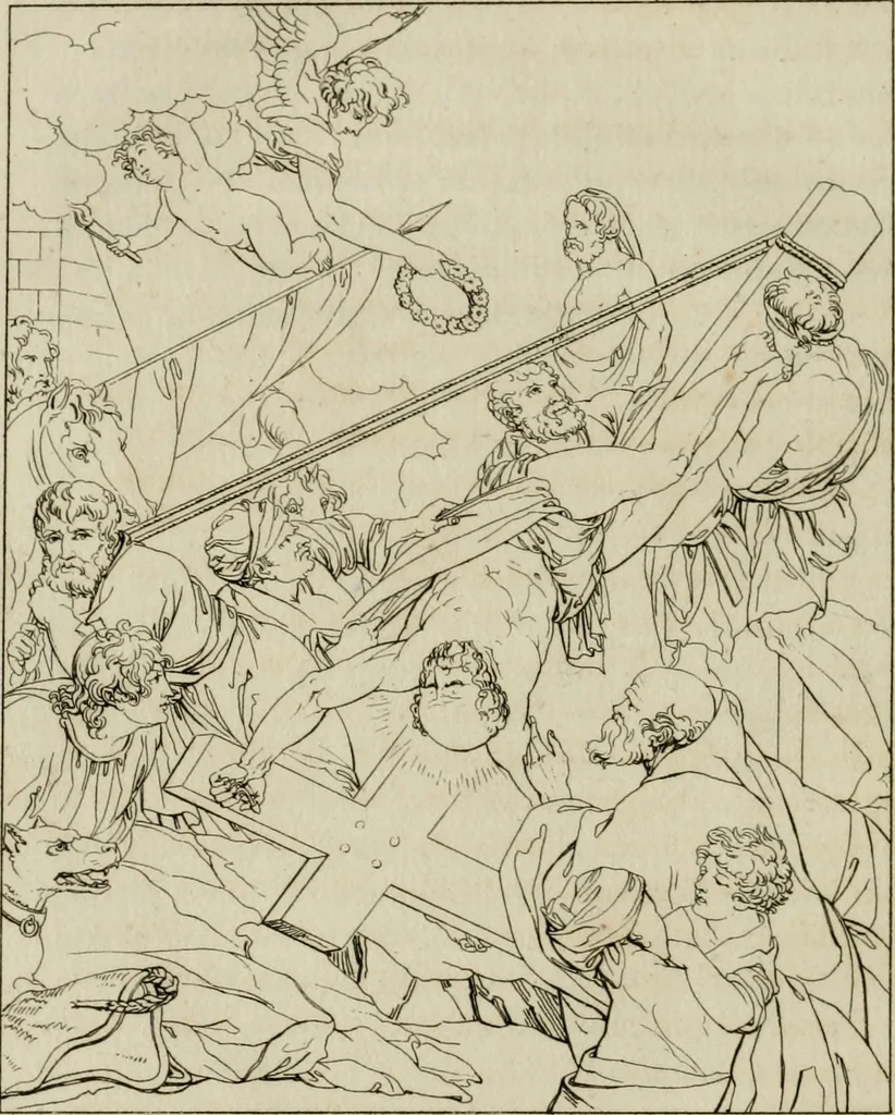 An illustration from Annales du musée et de l'école moderne des beaux-arts : recueil de gravures au trait, d'après les principaux ouvrages de peinture, sculpture, ou projets d'architecture, qui, chaque année, ont remporté le prix, soit aux écoles spéciales, soit aux concours nationaux : les productions des artistes en tous genres, qui, aux différentes expositions, ont été citées avec éloges : les morceaux les plus estimés ou inédits de la galerie de peinture : la suite complète de celle des antiques : édifices anciens et modernes, etc., 1800, leaf 223